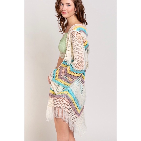 POL Beige Blue Crochet Hooded Cardigan with Fringe - Picture 6 of 7